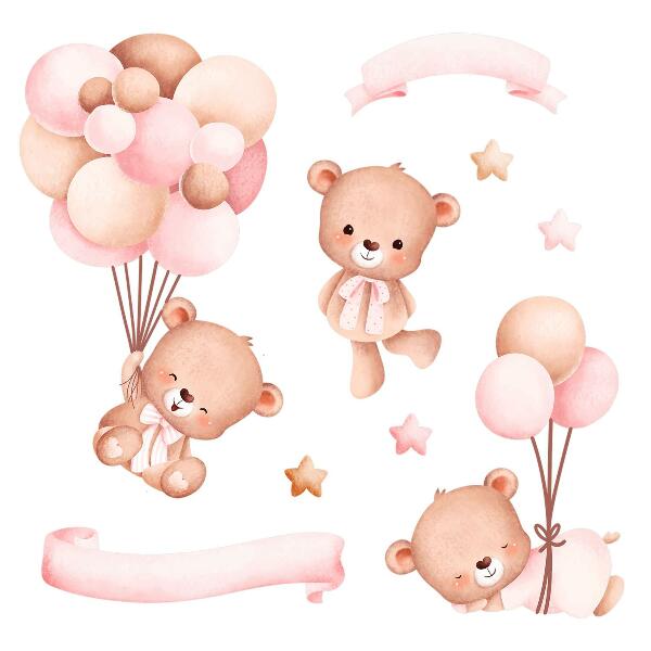 Wall sticker 80x116 Teddy bears with balloons in pastel watercolor