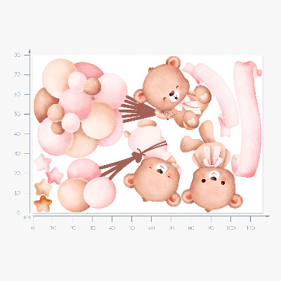 Wall sticker 80x116 Teddy bears with balloons in pastel watercolor