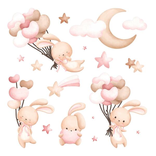Wall sticker 80x144 Bunnies with balloons in watercolor pastel tones