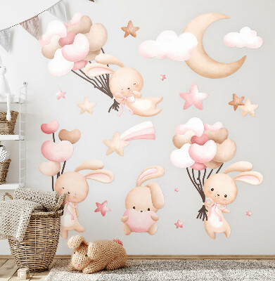 Wall sticker 80x144 Bunnies with balloons in watercolor pastel tones