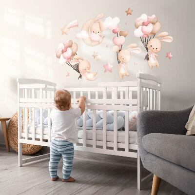 Wall sticker 80x144 Bunnies with balloons in watercolor pastel tones