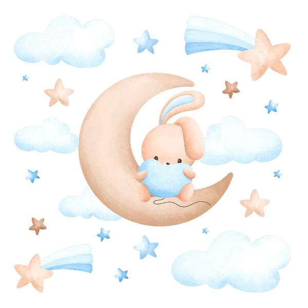 Wall sticker 80x132 Bunny in the clouds on a pastel moon