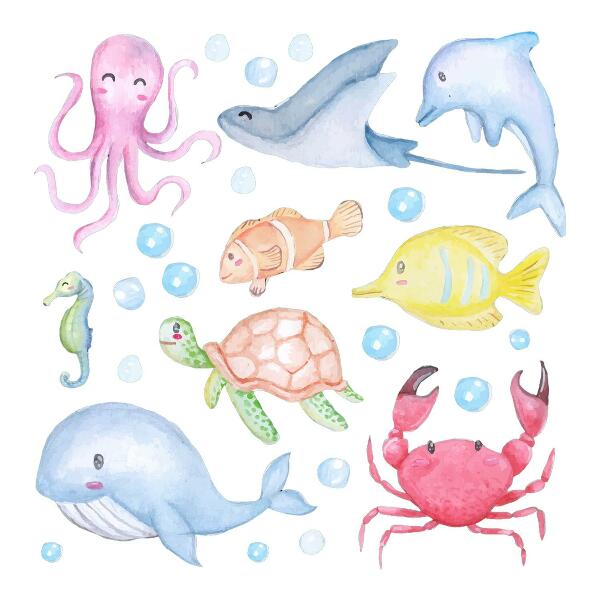 Wall sticker 80x113 Pastel underwater world of watercolor creatures