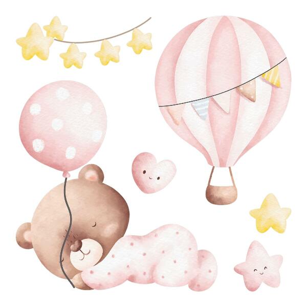 Wall sticker 80x74 Teddy bear with balloons and stars in pastel watercolor