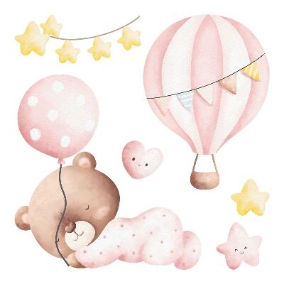 Wall sticker 80x74 Teddy bear with balloons and stars in pastel watercolor