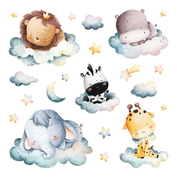 Wall sticker 80x119 Night clouds with smiling watercolor animals