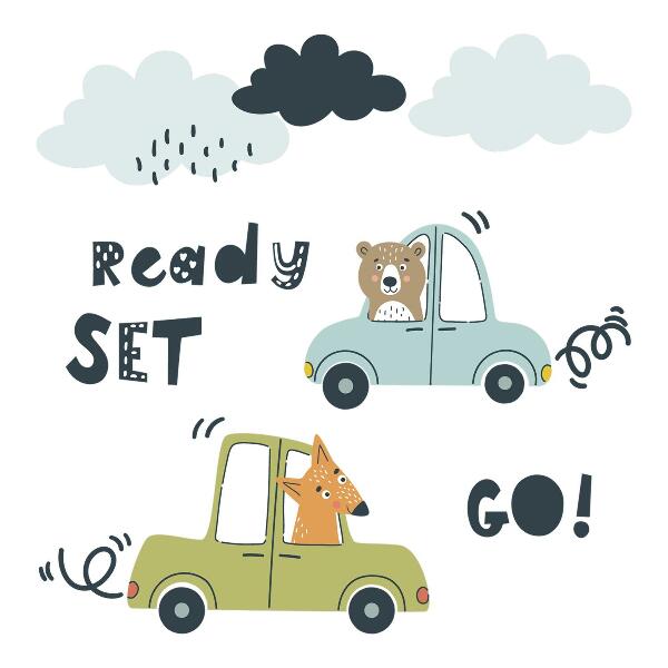 Wall sticker 80x108 Ready to go! Pastel animals in cars
