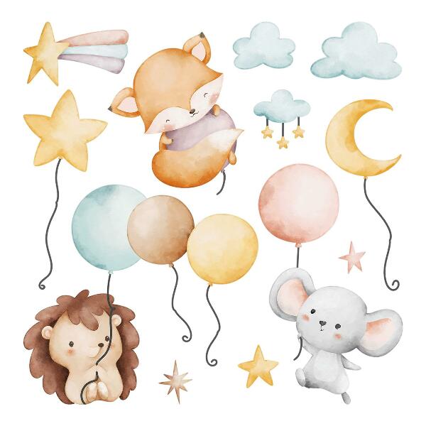 Wall sticker 80x138 Adorable boho animals with pastel balloons