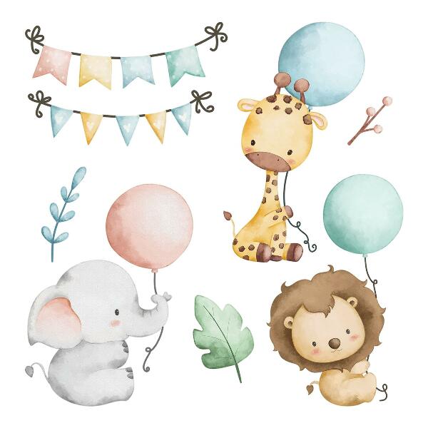 Wall sticker 80x122 Pastel cute animals with boho balloons