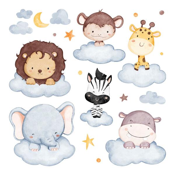Wall sticker 80x109 Cute animals in pastel clouds