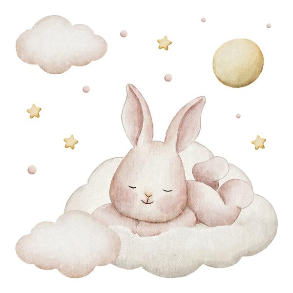 Wall sticker 80x69 Bunny on clouds and pastel watercolors