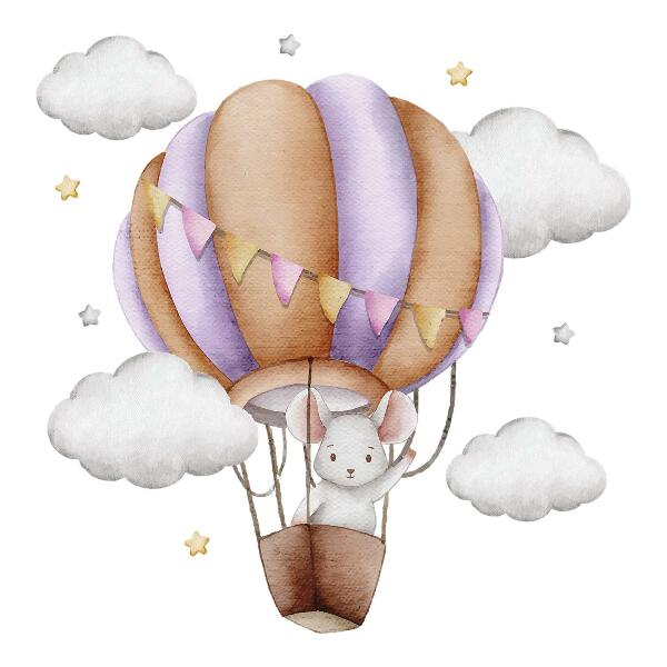 Wall sticker 80x94 A mouse's balloon journey in pastel clouds
