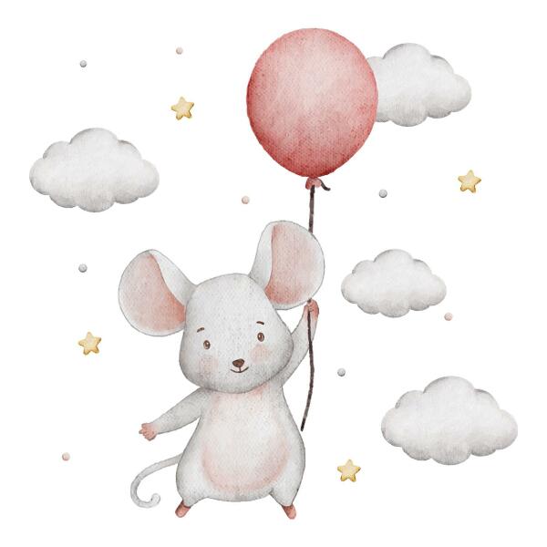 Wall sticker 80x142 Mouse with a balloon in the clouds, watercolor pastels