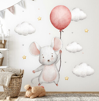 Wall sticker 80x142 Mouse with a balloon in the clouds, watercolor pastels