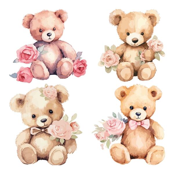 Wall sticker 80x103 Teddy bears with flowers in a watercolor style