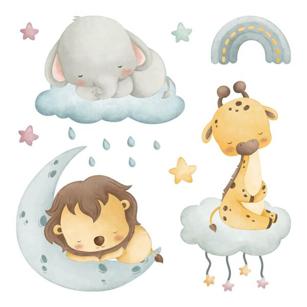 Wall sticker 80x121 Cute animals in a pastel sky