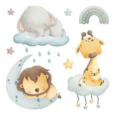 Wall sticker 80x121 Cute animals in a pastel sky