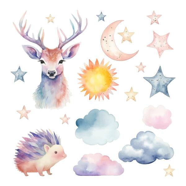 Wall sticker 80x88 Pastel watercolor animals and sky