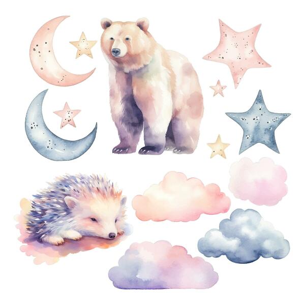 Wall sticker 80x143 Cute animals under the night sky in watercolor style