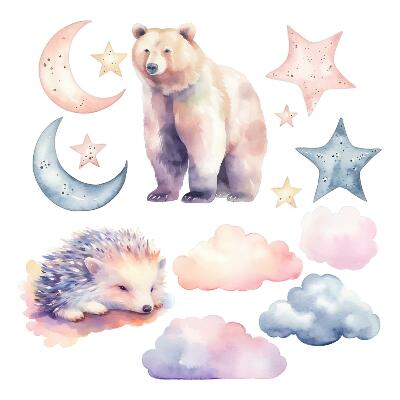 Wall sticker 80x143 Cute animals under the night sky in watercolor style