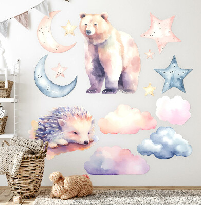 Wall sticker 80x143 Cute animals under the night sky in watercolor style
