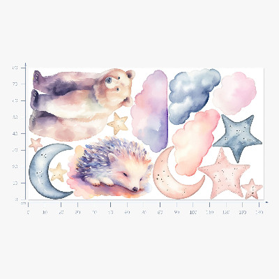 Wall sticker 80x143 Cute animals under the night sky in watercolor style
