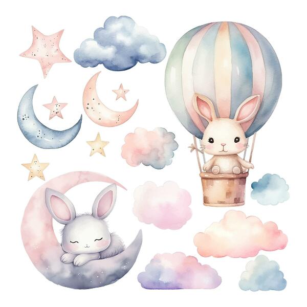 Wall sticker 80x106 Rabbits in pastel sky with balloon at night