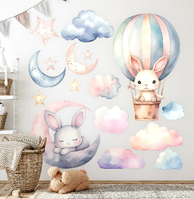Wall sticker 80x106 Rabbits in pastel sky with balloon at night