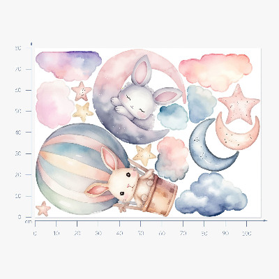 Wall sticker 80x106 Rabbits in pastel sky with balloon at night