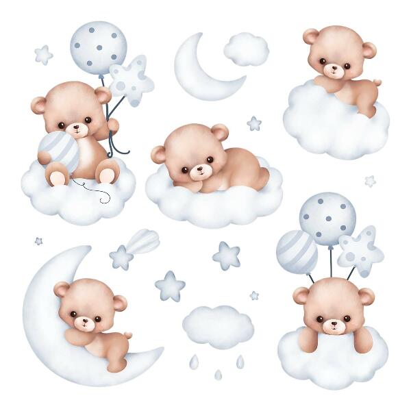 Wall sticker 80x141 Sweet teddy bears in clouds in pastel shades