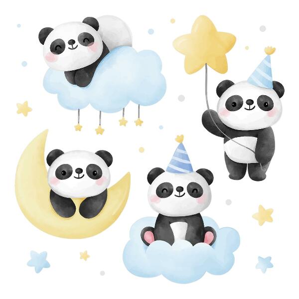 Wall sticker 80x113 Cute pandas on pastel sky in watercolor