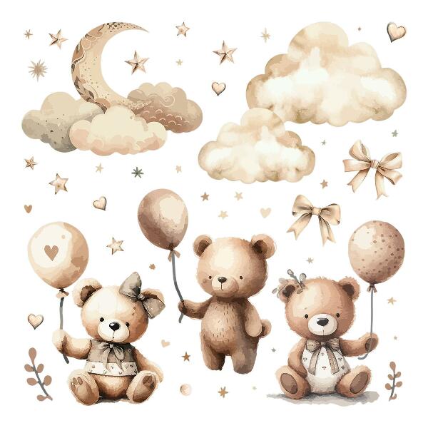 Wall sticker 80x118 Beige teddy bears in the clouds with boho balloons