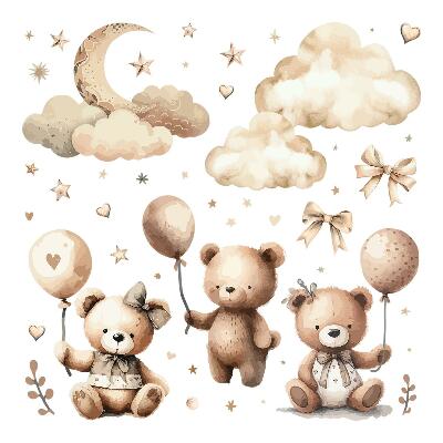 Wall sticker 80x118 Beige teddy bears in the clouds with boho balloons