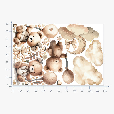 Wall sticker 80x118 Beige teddy bears in the clouds with boho balloons