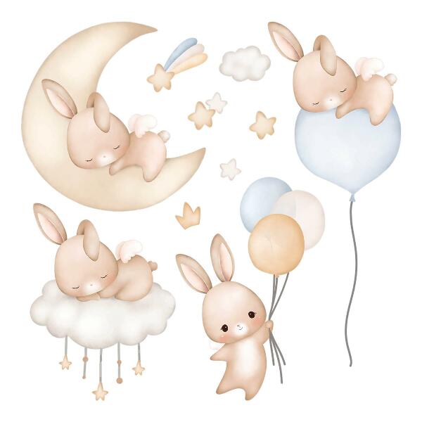 Wall sticker 80x70 Watercolor bunnies with balloons in the night sky