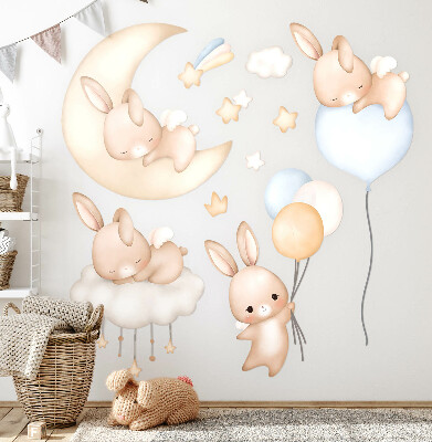Wall sticker 80x70 Watercolor bunnies with balloons in the night sky