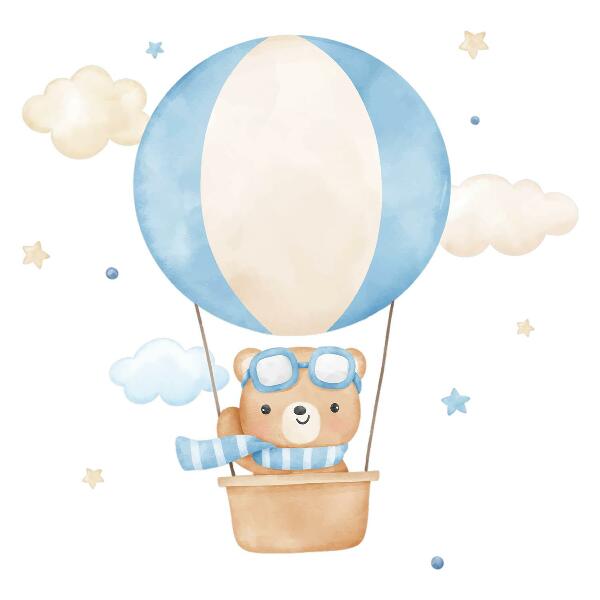 Wall sticker 80x122 Little teddy bear in a balloon in the clouds watercolor pastel