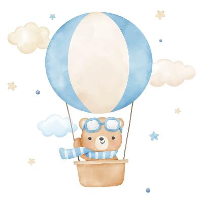 Wall sticker 80x122 Little teddy bear in a balloon in the clouds watercolor pastel