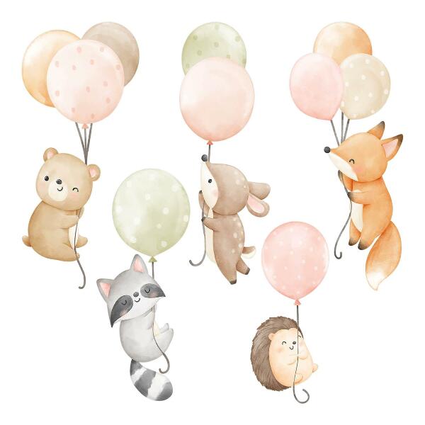Wall sticker 80x124 Adorable animals floating in watercolor balloons