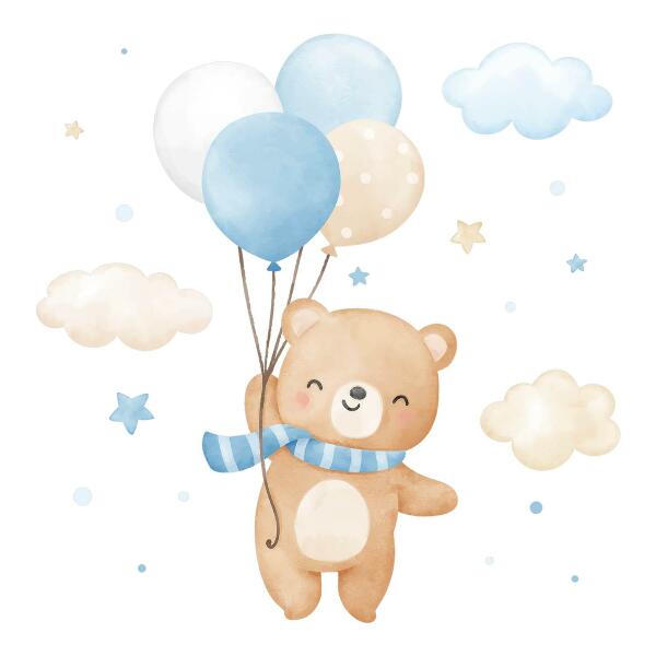 Wall sticker 80x114 Cute teddy bear with balloons in the clouds pastel watercolor