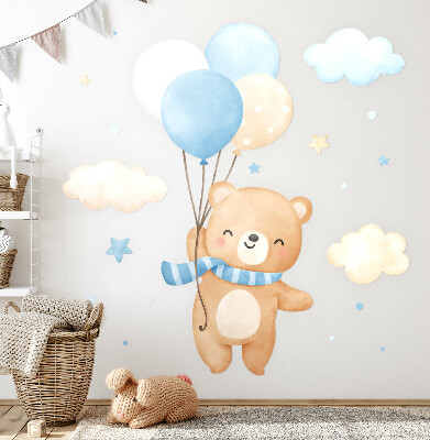 Wall sticker 80x114 Cute teddy bear with balloons in the clouds pastel watercolor