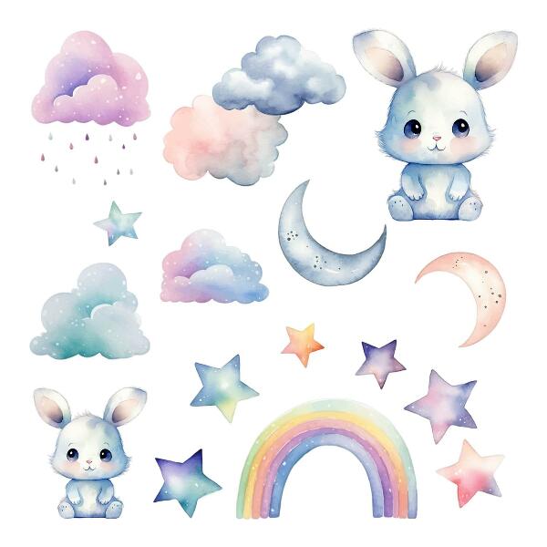 Wall sticker 80x107 Bunnies in a pastel sky with a rainbow and stars