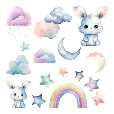 Wall sticker 80x107 Bunnies in a pastel sky with a rainbow and stars