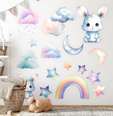 Wall sticker 80x107 Bunnies in a pastel sky with a rainbow and stars