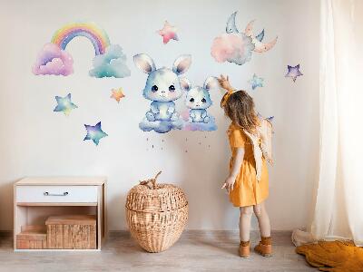 Wall sticker 80x107 Bunnies in a pastel sky with a rainbow and stars