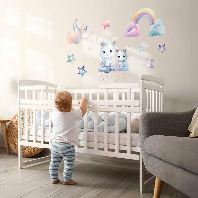 Wall sticker 80x107 Bunnies in a pastel sky with a rainbow and stars