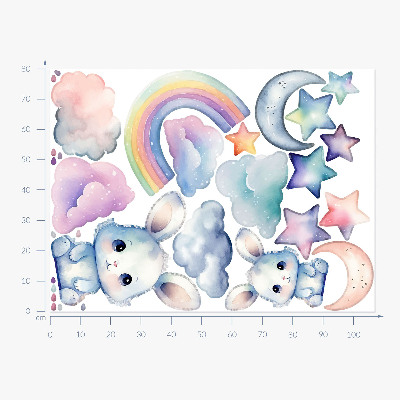 Wall sticker 80x107 Bunnies in a pastel sky with a rainbow and stars