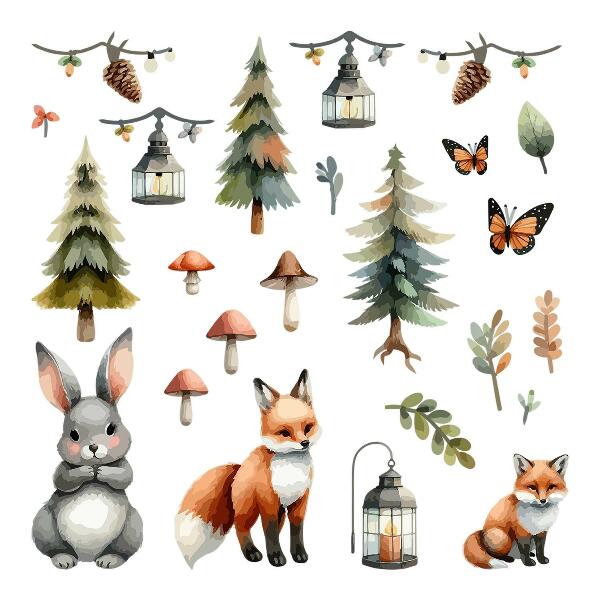Wall sticker 80x86 Animals and plants in pastel boho watercolor