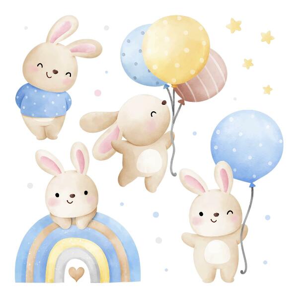 Wall sticker 80x125 Bunnies with balloons in a pastel rainbow
