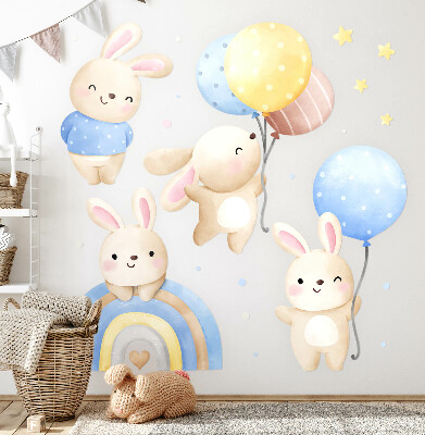 Wall sticker 80x125 Bunnies with balloons in a pastel rainbow
